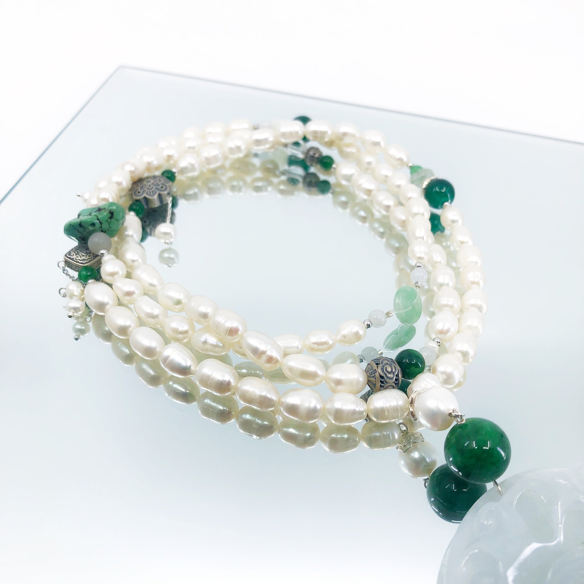 Jade Bead Crystals & Aqua Pearl Necklace